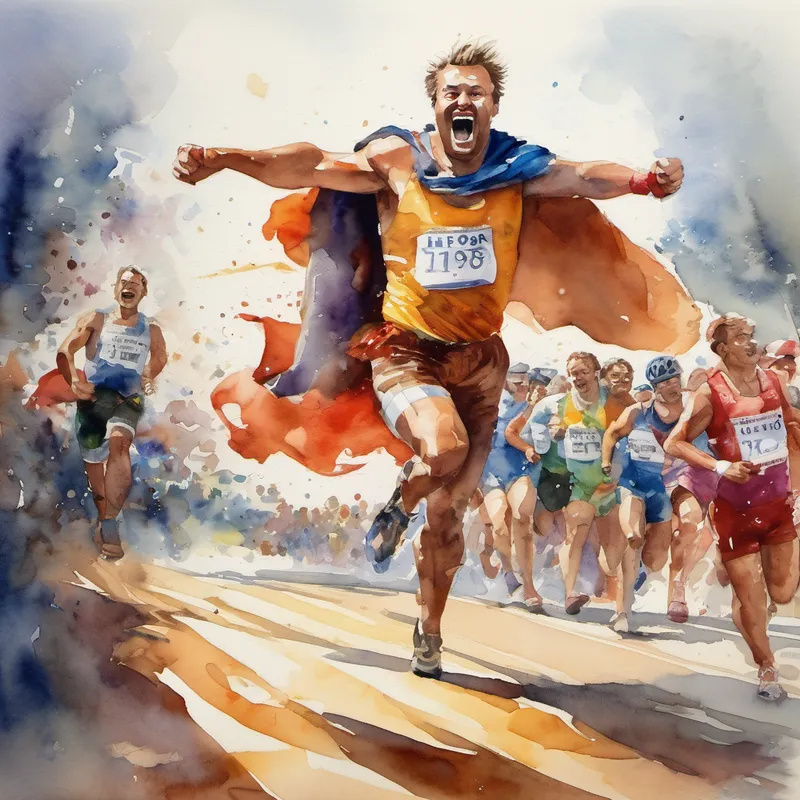 As he neared the finish line, the other competitors started to get tired, with their energy levels dipping. But not Larger Man! His unique gift of drinking a keg of beer and his unwavering confidence gave him the strength to keep going. The crowd was astonished as Larger Man sprinted past every single competitor, his cape flying behind him. Cheers erupted, and the loudest ones came from those who had doubted him earlier. They had learned an important lesson about not judging others based on appearances.