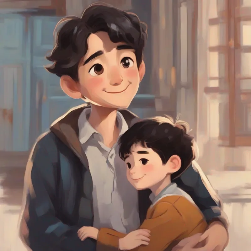 Straight-short black-haired boy with big brown eyes hugging his old parents, smiling