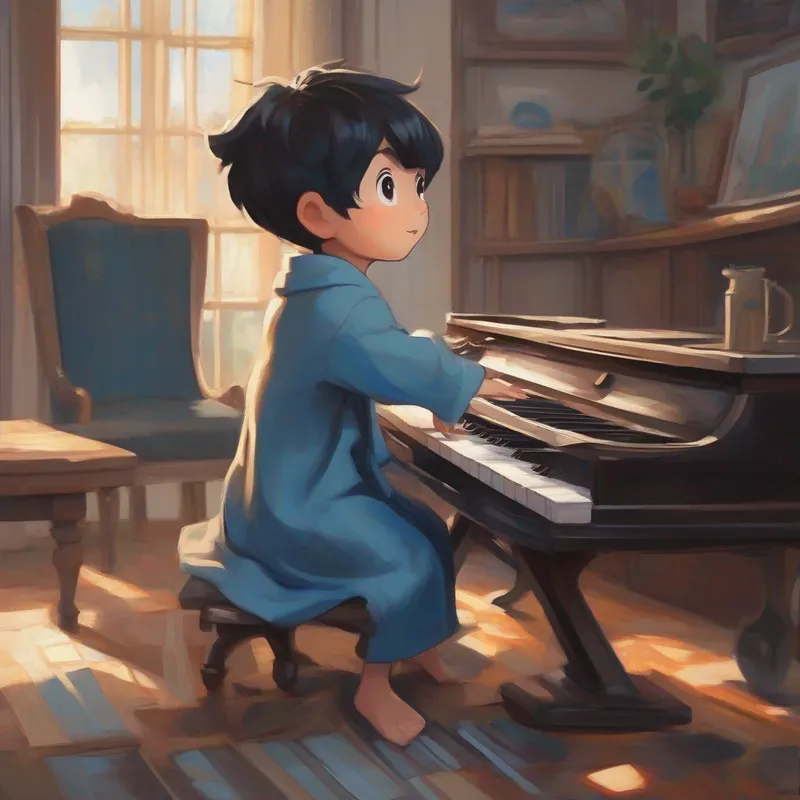 A straight-short black-haired boy with big brown eyes shaking Wearing a blue robe and playing the keyboard loudly