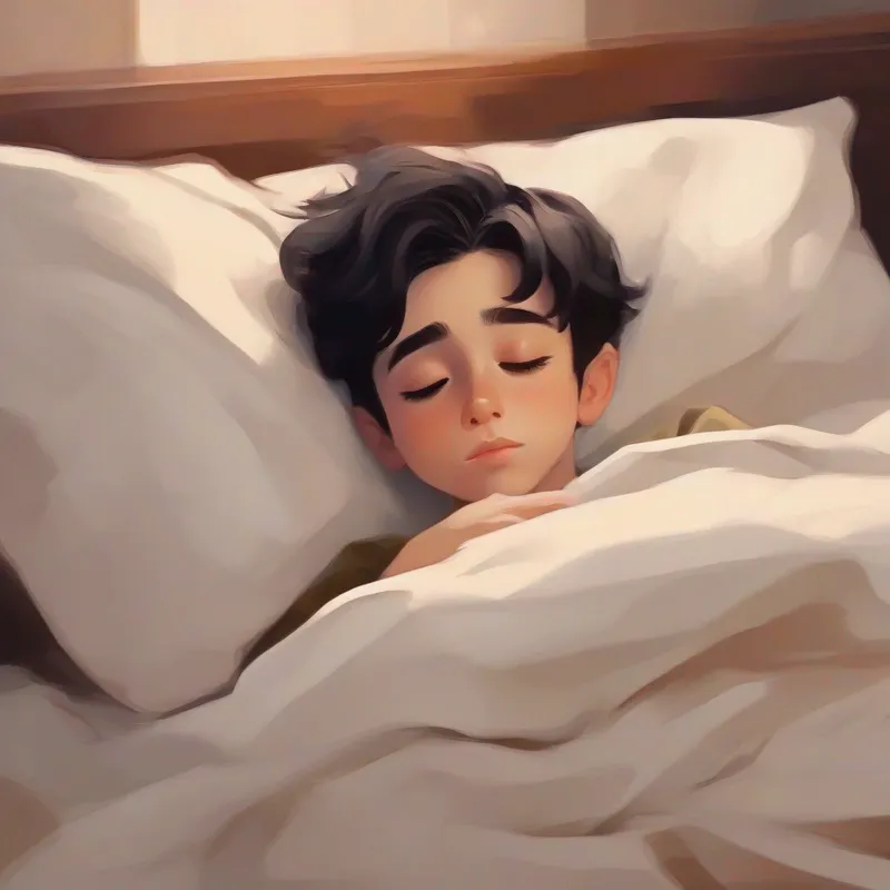 Straight-short black-haired boy with big brown eyes lying in bed sleeping peacefully