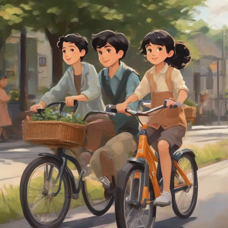 Straight-short black-haired boy with big brown eyes riding bikes with his Mom and his Dad, they are older