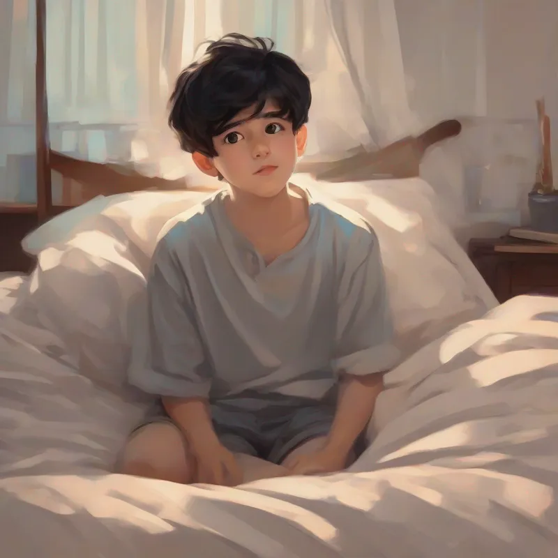 Straight-short black-haired boy with big brown eyes lying in bed, eyes wide open