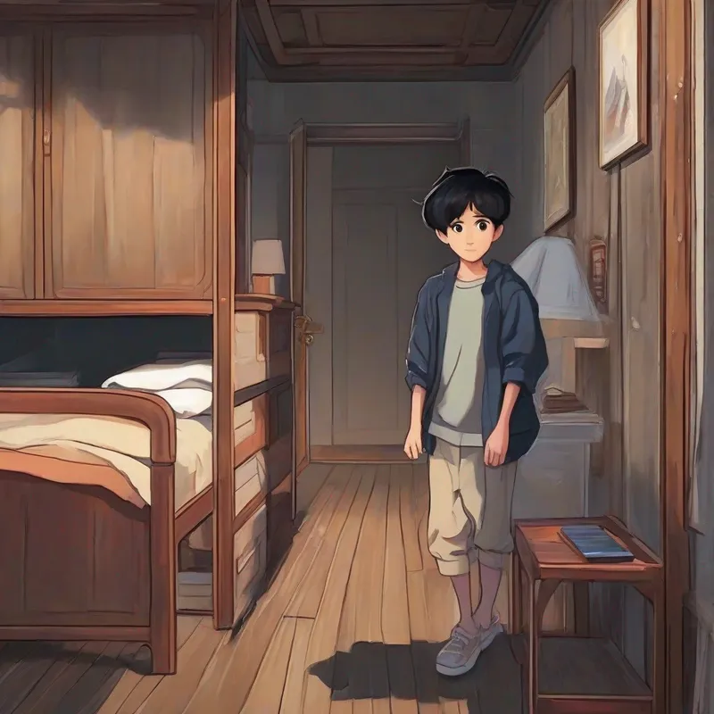 Straight-short black-haired boy with big brown eyes tiptoeing out of his room in the dark
