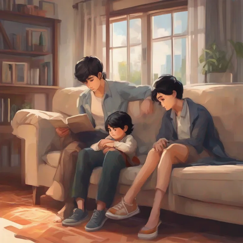 Straight-short black-haired boy with big brown eyes and his parents sitting on the couch, looking tired