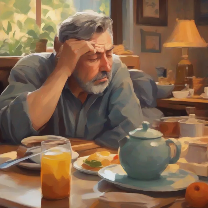 Dad so very tired hardly able to stay awake at breakfast, rubbing his eyes