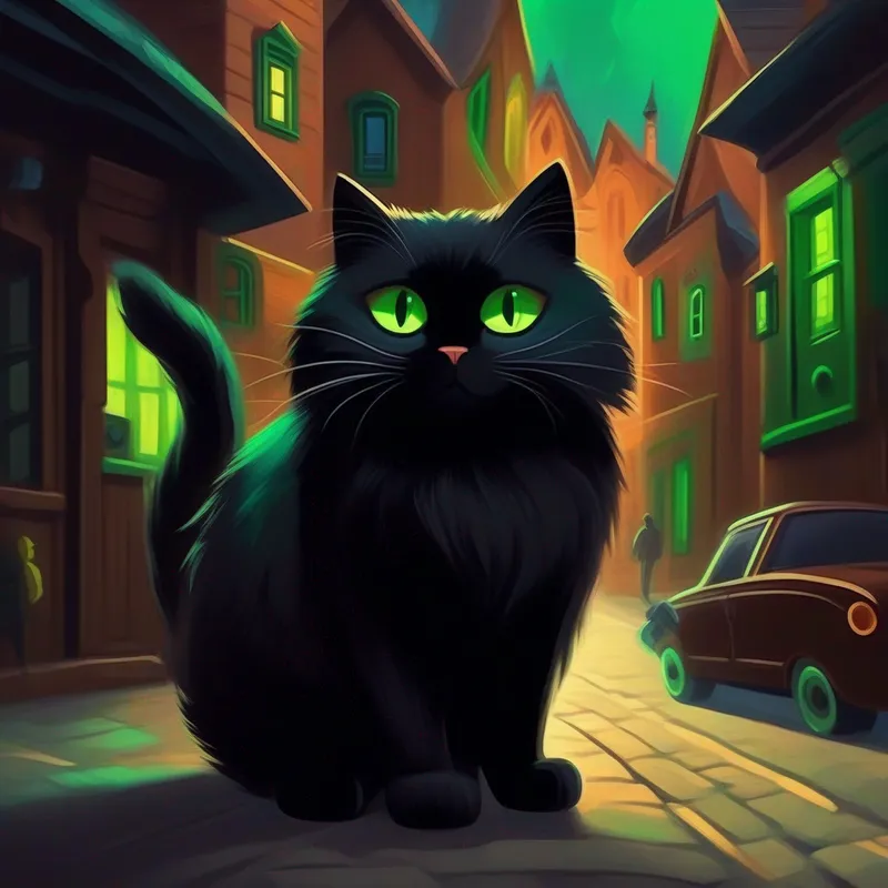 A talking cat with brown fur and bright green eyes. sees a scary black cat in the town.