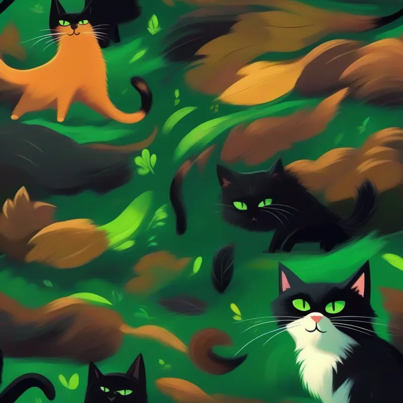 A talking cat with brown fur and bright green eyes. talks to the black cat and tries to reason with it.