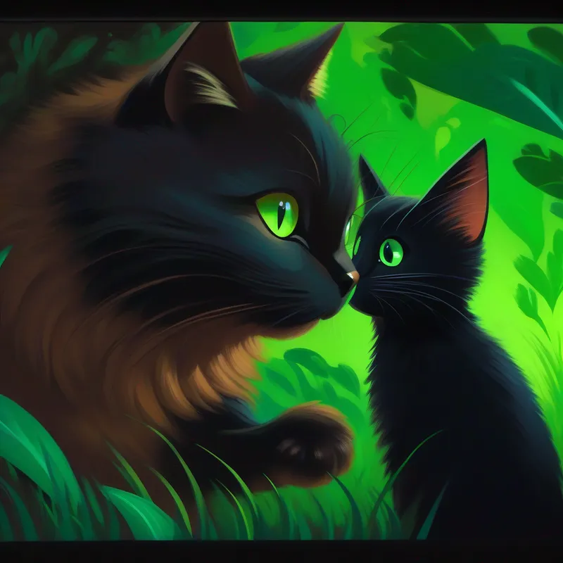 A talking cat with brown fur and bright green eyes. teaches the black cat to play nicely and explains the consequences.
