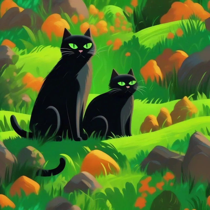 A talking cat with brown fur and bright green eyes. and the black cat clean up the mess and protect the environment.