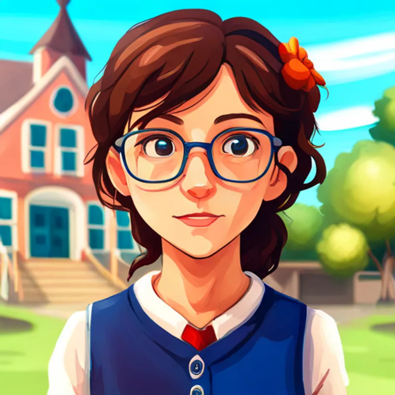 Emma has curly brown hair and blue glasses. stands in front of colorful school building