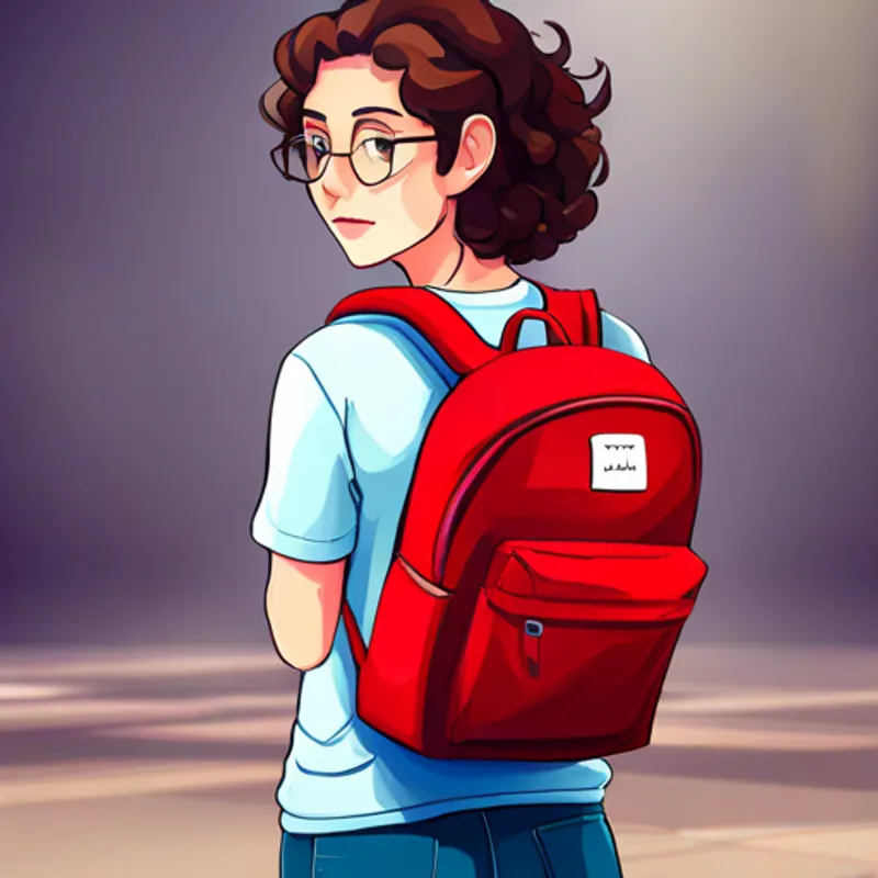 Emma has curly brown hair and blue glasses. wears a red backpack with big pockets