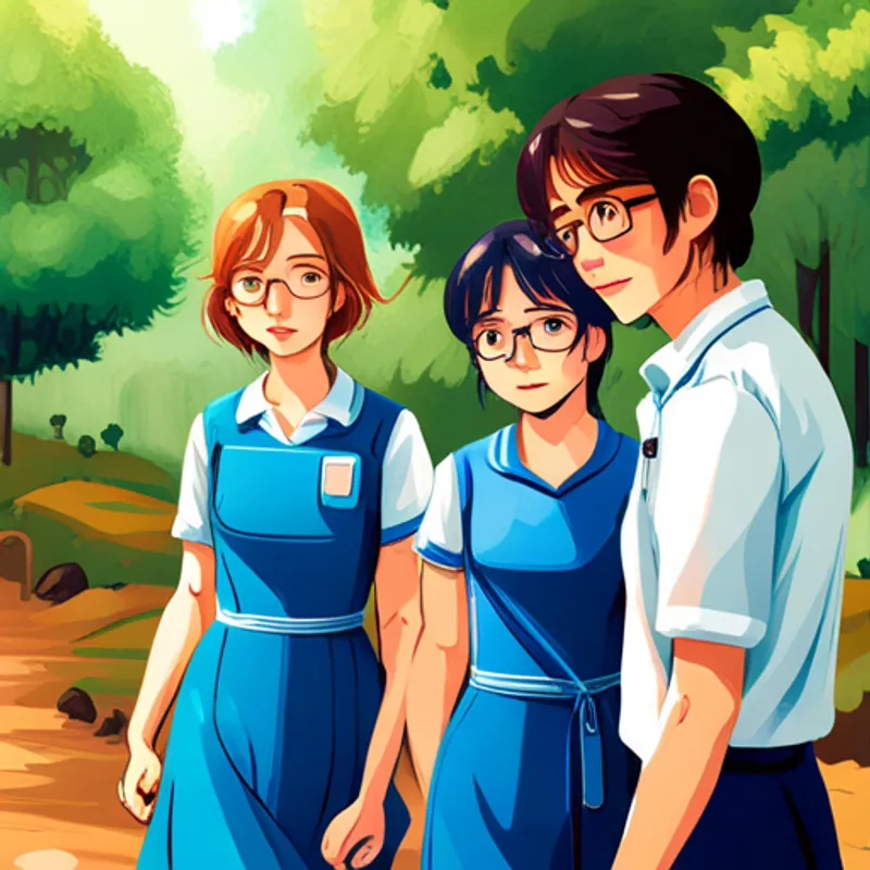 Emma has curly brown hair and blue glasses. holds hands with two friends, wearing matching uniforms
