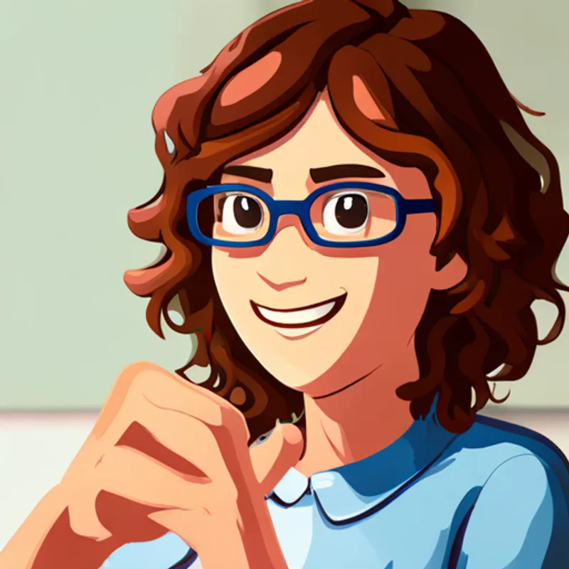 Emma has curly brown hair and blue glasses. sees a smiling teacher with glasses
