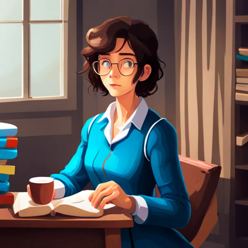 Emma has curly brown hair and blue glasses. sits at a desk surrounded by books