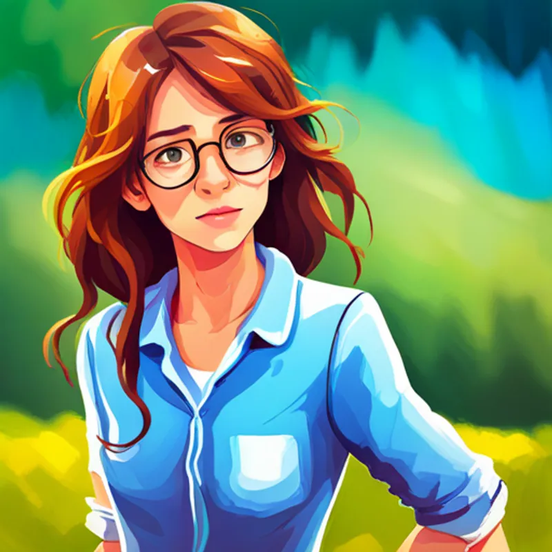 Emma has curly brown hair and blue glasses. plays tag with friends on the playground