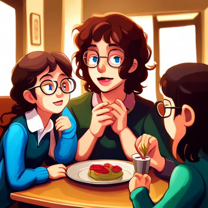 Emma has curly brown hair and blue glasses. enjoys delicious food with friends at a table