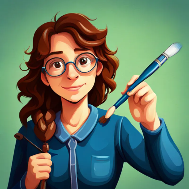 Emma has curly brown hair and blue glasses. holds a paintbrush and smiles proudly