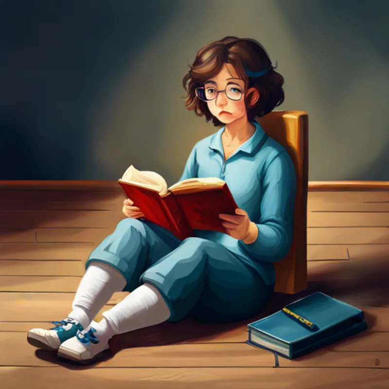 Emma has curly brown hair and blue glasses. sits cross-legged, listening to the teacher read
