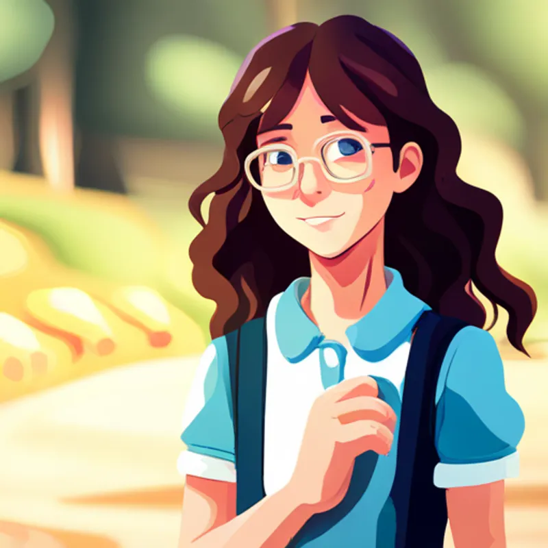 Emma has curly brown hair and blue glasses. waves goodbye while walking away from school