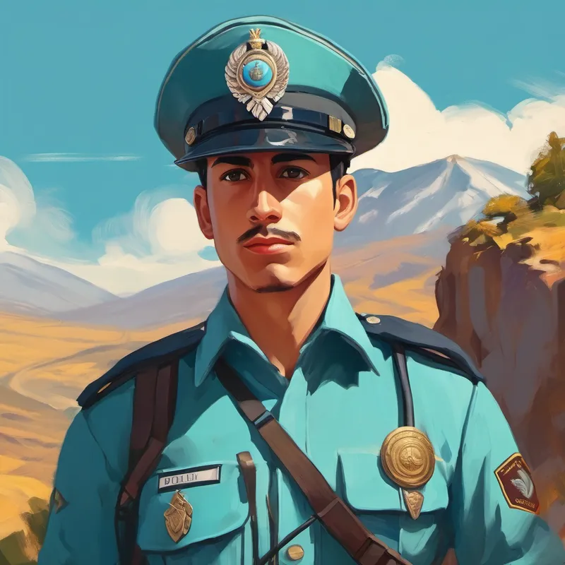 Joven policía valiente con uniforme turquesa y gorra. Guardado patrolling Sierra Morena