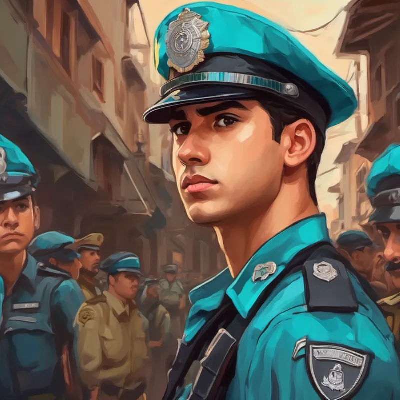 Joven policía valiente con uniforme turquesa y gorra. fears being arrested for his actions