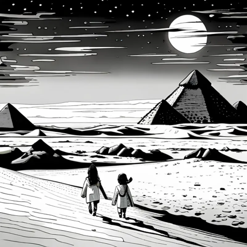 Two girlren walking towards pyramids on desert