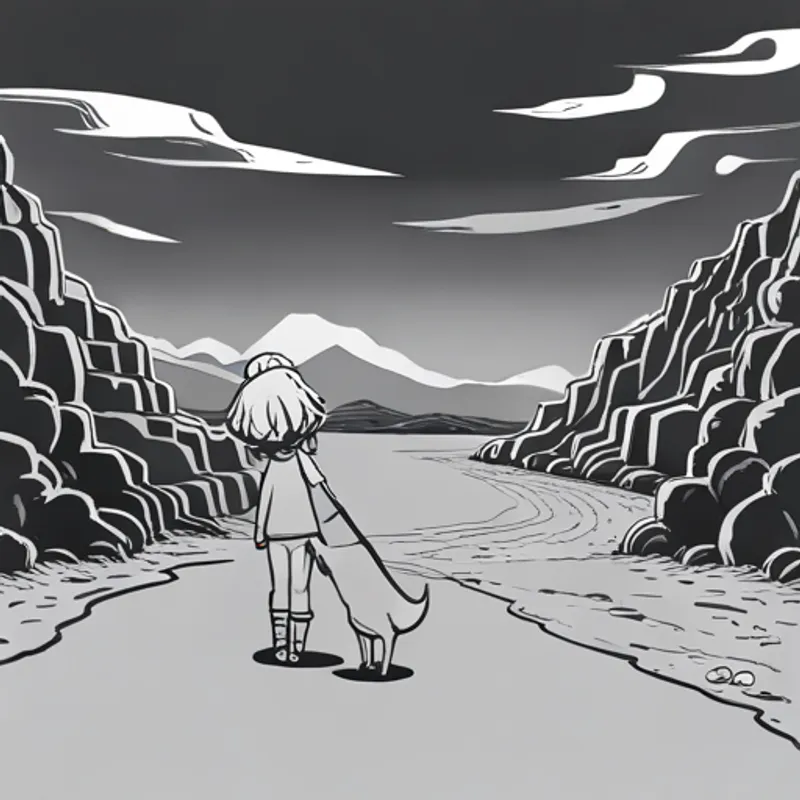Stray dog guiding girlren through the desert