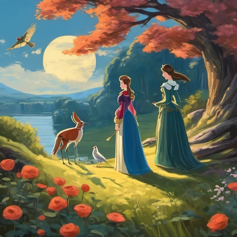 La princesse dessine avec le chevalier et l'oiseau près d'elle