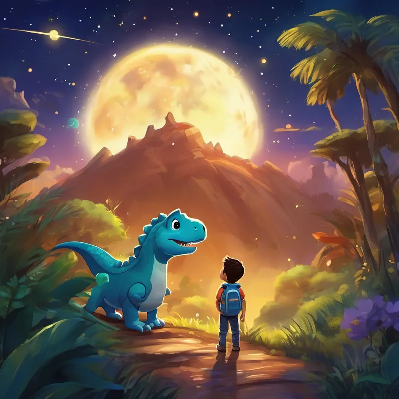 Once upon a time, in a land where dinosaurs roamed, there lived a little dinosaur named Dino. Dino was curious and loved to learn new things. One day, as he looked up at the sparkling night sky, he wondered, "What's up there beyond the clouds?" Dino had heard that there were amazingly exciting things in space, like planets and stars. He decided he wanted to explore these magical places and learn all about them. So, he hatched a plan to build a spaceship and travel to the stars.