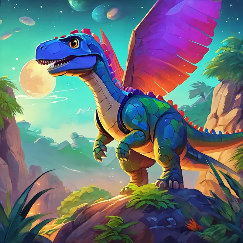 Dino gathered sticks, leaves, and the biggest rocks he could find to build his spaceship. With determination and excitement, he worked day and night until his spaceship was finally complete. It was a magical spaceship made of vibrant colors and had gleaming wings. One evening, Dino climbed aboard his spaceship, took a deep breath, and shouted, "3...2...1... Blast off!" His spaceship soared high up into the sky, leaving behind Earth's surface. Dino was incredibly amazed by the twinkling stars that surrounded him.