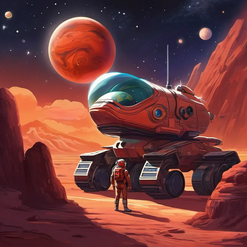 As his spaceship traveled through the starry sky, Dino spotted a shining planet called Mercury. It was small but fiery hot because it was the closest to the Sun. Next, he waved to Venus, a planet that was covered in thick clouds and glowed so brightly it could be seen in the daytime. "Mars is next!" Dino exclaimed as he spotted the red planet. Despite its rusty red color, Dino knew it was home to the tallest volcano and the deepest, longest canyon in the Solar System. Oh, how Dino wished he could land there and explore!