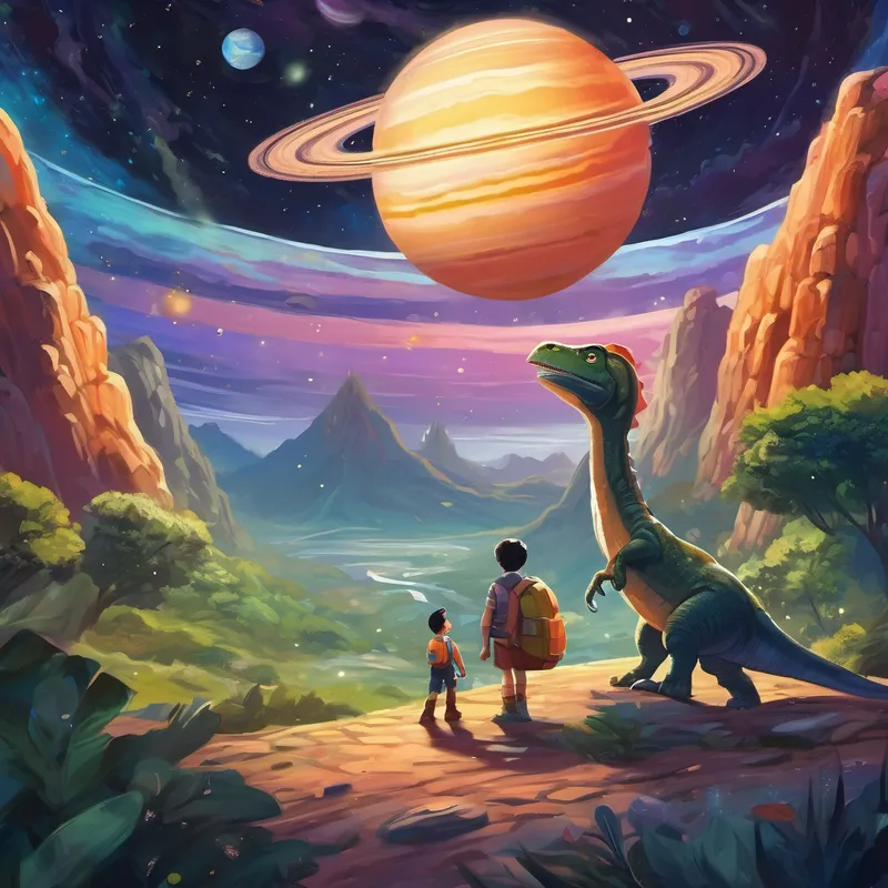 Next, Dino caught sight of Jupiter, the largest planet of all. It had swirling storms and swirling bands of colorful clouds. He wondered if there were any friendly giants living on that giant planet. "Maybe they're too big to fit in my spaceship!" giggled Dino. With his little dinosaur eyes wide open in amazement, Dino finally cruised by Saturn, the planet with the beautiful rings. The sparkling rings were made of tiny bits of ice and dust, circling around the planet like a celestial dance.