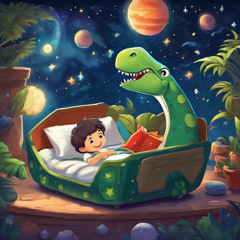 As Dino cuddled in his cozy bed, he knew he would dream of space adventures and the wonders of the planets. He couldn't wait to share all that he had learned with his friends and family. And so, dear little one, every night as you look up at the stars, remember Dino and his incredible journey. Dream big, explore, and never stop being curious because the universe is full of hidden wonders waiting to be discovered. The End.