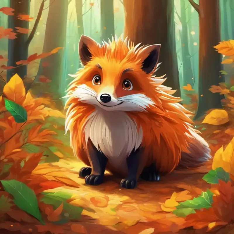 Autunno is a vibrant forest with colorful trees and magical leaves. Clever orange fox with bright green eyes that sparkle is a clever fox with orange fur and bright green eyes. Kind brown bear with big brown eyes and a gentle nature is a gentle bear with brown fur and big brown eyes. Brave hedgehog with spiky brown fur and small black eyes is a brave hedgehog with spiky brown fur and small black eyes. The forest is filled with colorful leaves and has a magical atmosphere.
