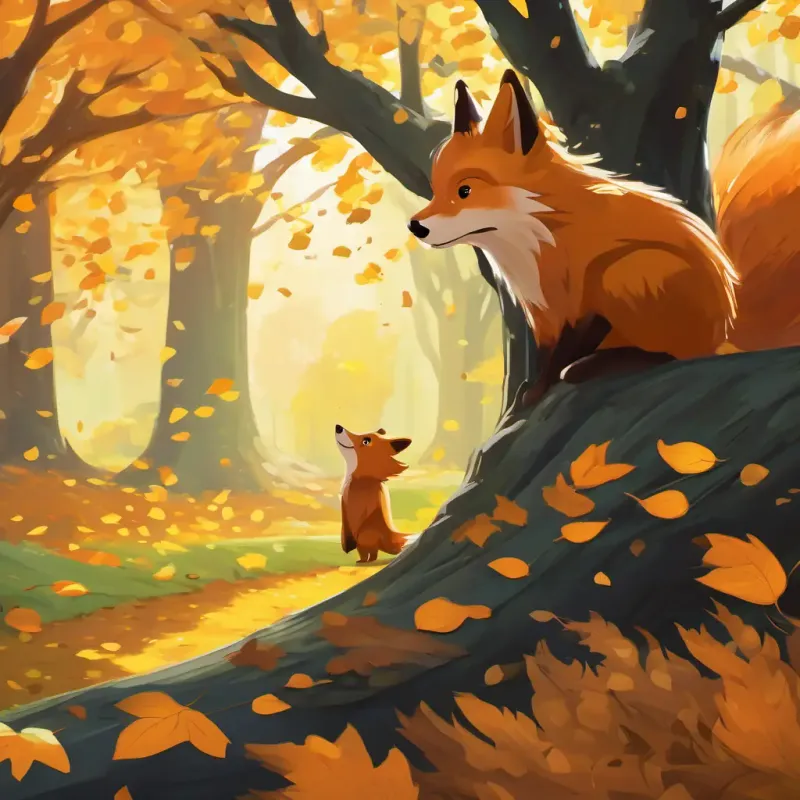 The fog wraps around the friends as they follow it to a gigantic oak tree covered in golden leaves. The leaves emit a warm, soft glow. Clever orange fox with bright green eyes that sparkle, Kind brown bear with big brown eyes and a gentle nature, and Brave hedgehog with spiky brown fur and small black eyes are amazed by their discovery and excitedly pick up the leaves to make their wishes.