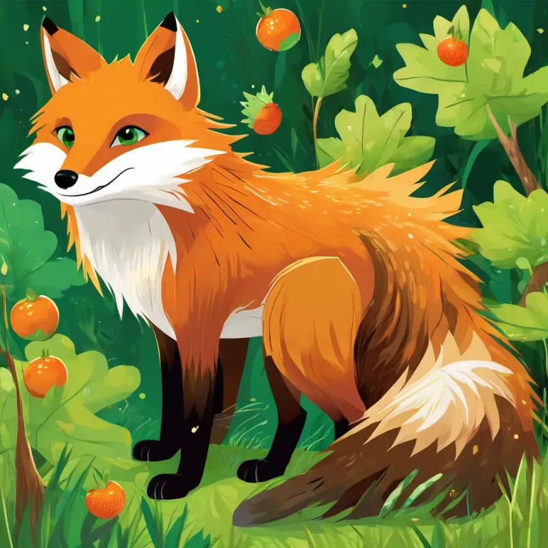 Clever orange fox with bright green eyes that sparkle has an orange fur and bright green eyes. Kind brown bear with big brown eyes and a gentle nature has brown fur and big brown eyes. Brave hedgehog with spiky brown fur and small black eyes is brown with spiky fur and has small black eyes. Clever orange fox with bright green eyes that sparkle is holding a basket full of delicious berries. Kind brown bear with big brown eyes and a gentle nature is standing in front of his cozy den. Brave hedgehog with spiky brown fur and small black eyes is wearing a golden crown on his head.