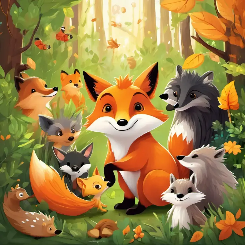 Clever orange fox with bright green eyes that sparkle, Kind brown bear with big brown eyes and a gentle nature, and Brave hedgehog with spiky brown fur and small black eyes are surrounded by a variety of animals, each holding a magical leaf and making wishes. The animals are happy, and the forest is filled with joy and wonder. The trees in the background are even more colorful and vibrant than before.