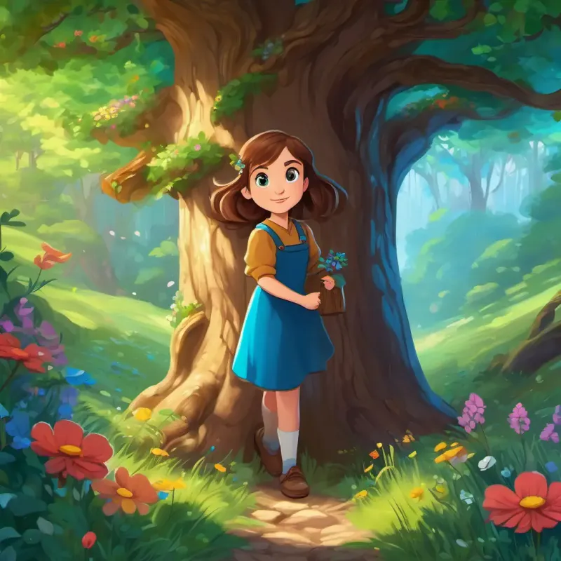 Curious girl, brown hair, sparkling blue eyes with brown hair and blue eyes finds a hidden door behind an oak tree leading to a magical forest with vibrant flowers and friendly animals.