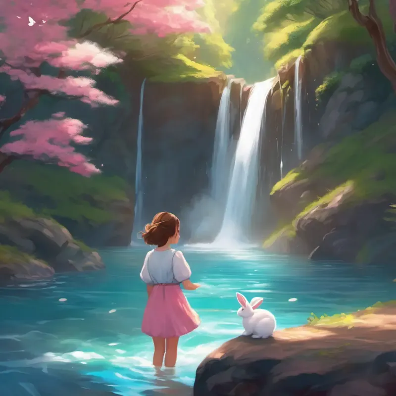 Curious girl, brown hair, sparkling blue eyes meets Friendly bunny, soft white fur, bright pink nose, a white bunny with a pink nose who leads her to a beautiful waterfall. Curious girl, brown hair, sparkling blue eyes dips her feet in the water and feels refreshed.