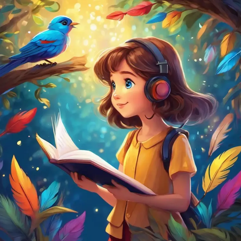 Curious girl, brown hair, sparkling blue eyes meets Magical bird, colorful feathers, enchanting singing voice, a magical bird with colorful feathers, and they sing beautiful songs together.