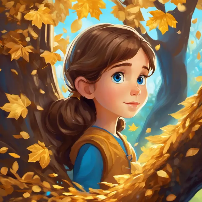 Curious girl, brown hair, sparkling blue eyes discovers a magical tree with golden leaves that fills her with warmth, reminding her of the importance of kindness.