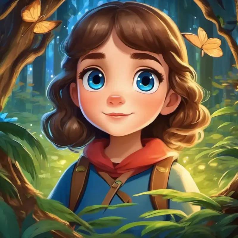Curious girl, brown hair, sparkling blue eyes meets new friends, helps animals, and becomes the Guardian of the Enchanted Forest, protecting and preserving its magic.