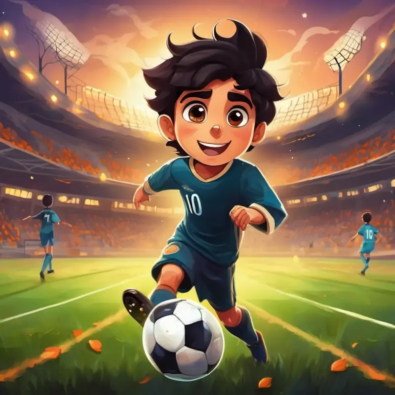 Izaan is a boy with dark hair and sparkling brown eyes playing in the football match and scoring a fantastic goal, fulfilling his dreams.
