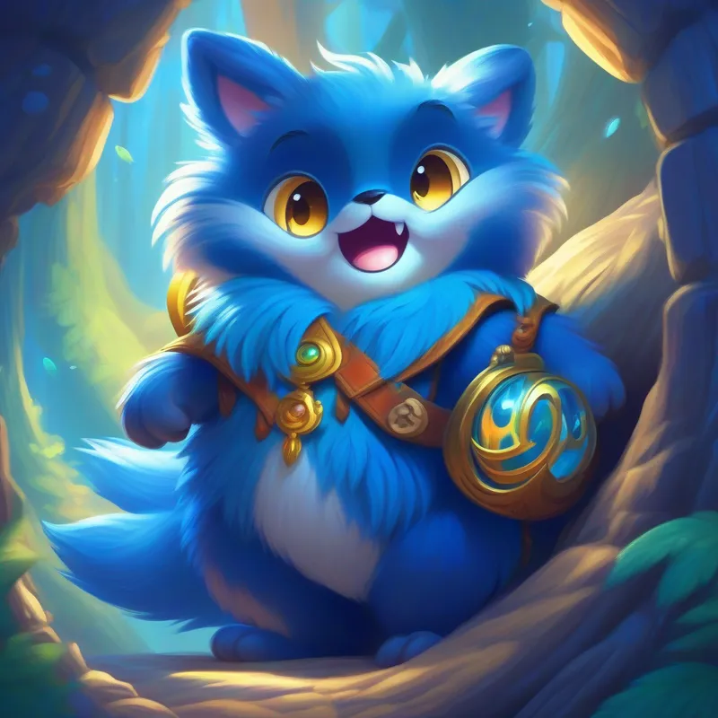 Blue fur, big smile, adored by children, a blue fur cartoon character, discovers a magical portal.