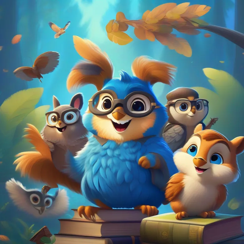 Blue fur, big smile, adored by children meets Wise owl, feathers of different shades, book-carrying glasses, a wise owl, and Mischievous squirrel, bushy tail, acorn necklace, a mischievous squirrel.