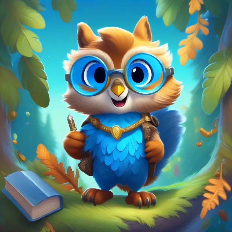 Blue fur, big smile, adored by children, Wise owl, feathers of different shades, book-carrying glasses, and Mischievous squirrel, bushy tail, acorn necklace go on a quest to find crystals.