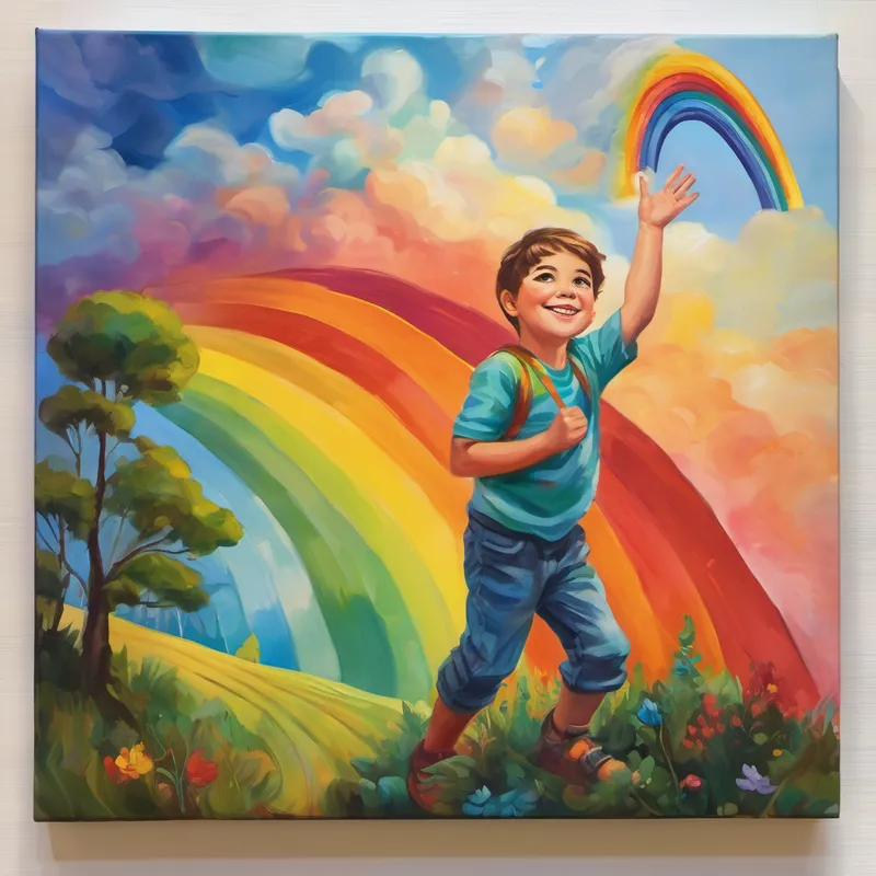 Giant boy with a kind smile and curious eyes reaching for a colorful rainbow in the sky
