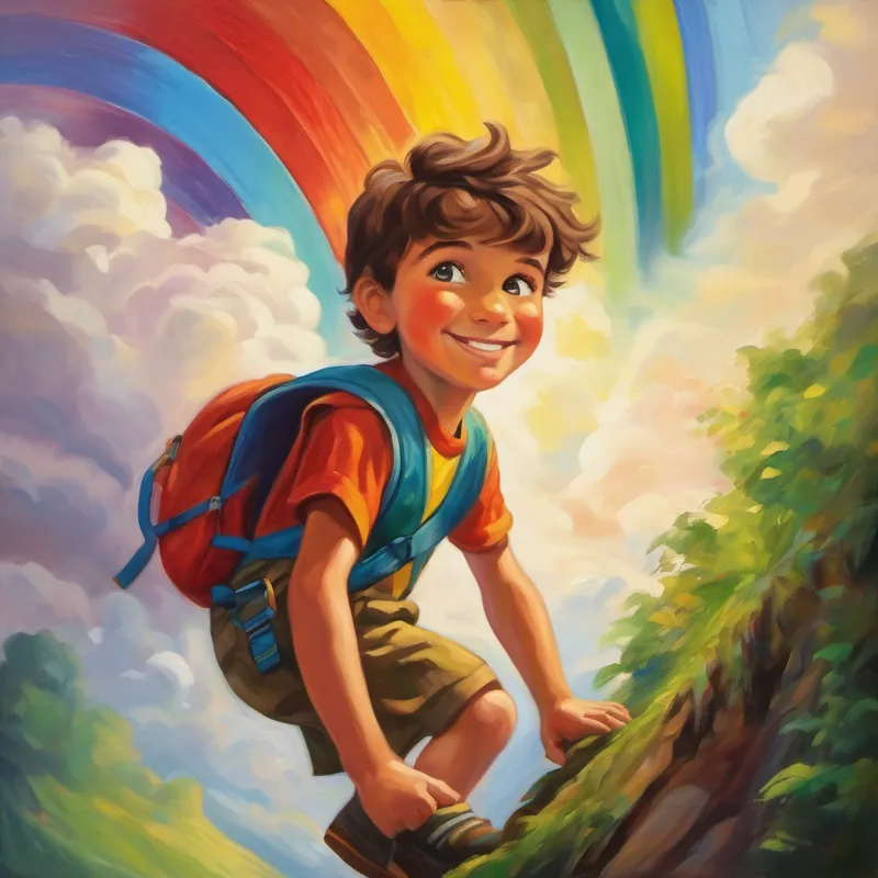 Giant boy with a kind smile and curious eyes with determination climbing up a rainbow
