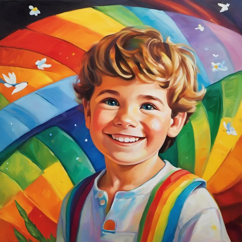 Giant boy with a kind smile and curious eyes happily greeting his colorful rainbow friends
