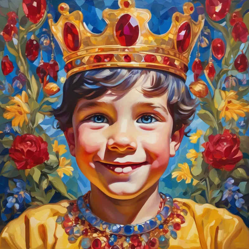 Giant boy with a kind smile and curious eyes surrounded by Red with a crown of sparkly rubies, Yellow with a bright, warm sunshine aura, and Blue with a necklace of tinkling bluebells